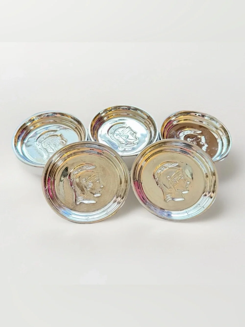 Vintage Set Of‎ 5 Mercury Glass Mid Century Coasters Silver Roman Head Trojan